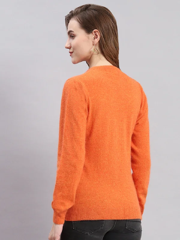 Women Orange Solid Round Neck Full Sleeve Cardigans