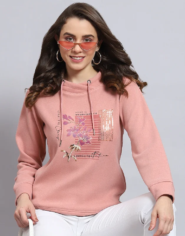 Women Pink Printed Round Neck Full Sleeve Sweatshirt