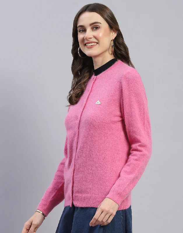 Women Pink Solid Round Neck Full Sleeve Cardigan