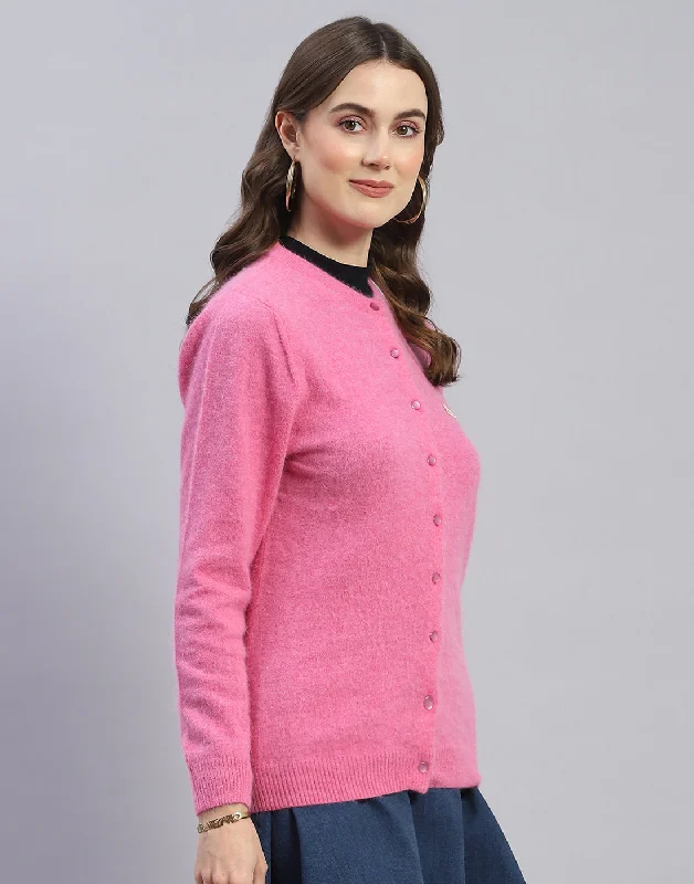 Women Pink Solid Round Neck Full Sleeve Cardigan