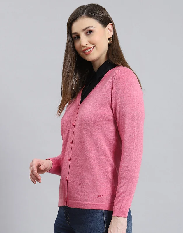 Women Pink Solid V Neck Full Sleeve Cardigan