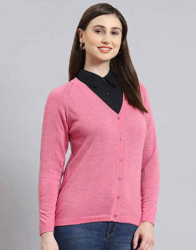 Women Pink Solid V Neck Full Sleeve Cardigan