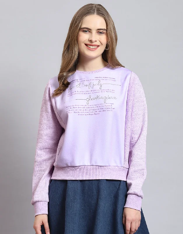 Women Purple Printed Round Neck Full Sleeve Sweatshirt