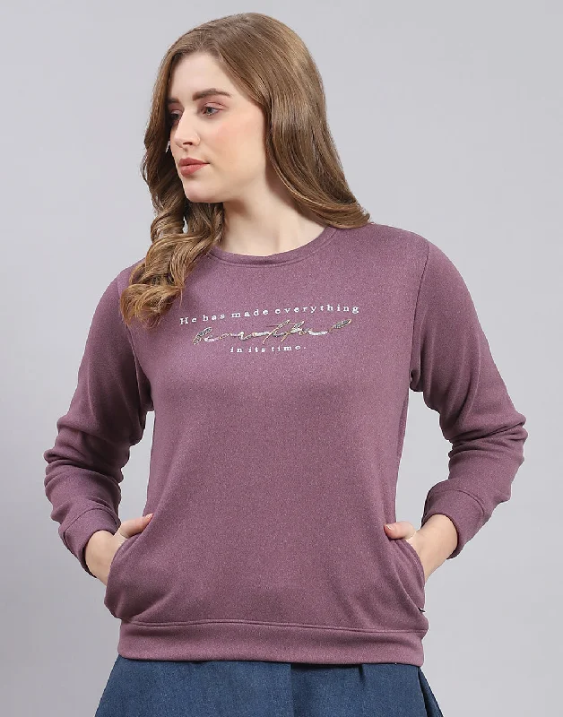 Women Purple Printed Round Neck Full Sleeve Sweatshirt