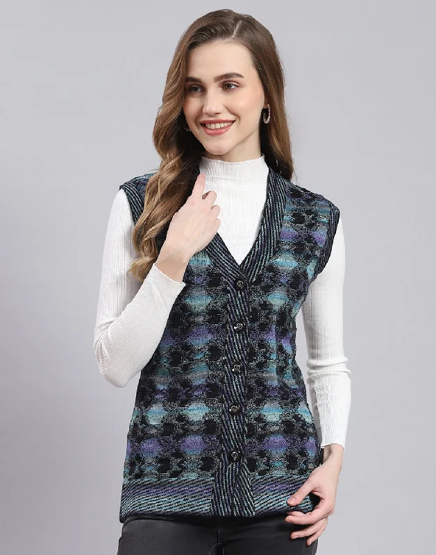 Women Purple Self Design V Neck Sleeveless Cardigan