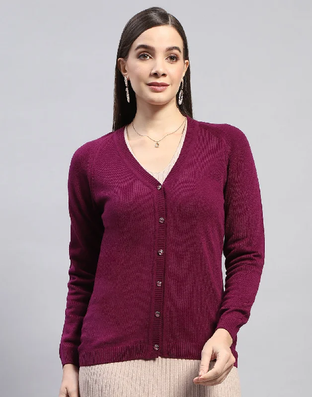 Women Purple Solid V Neck Full Sleeve Cardigan