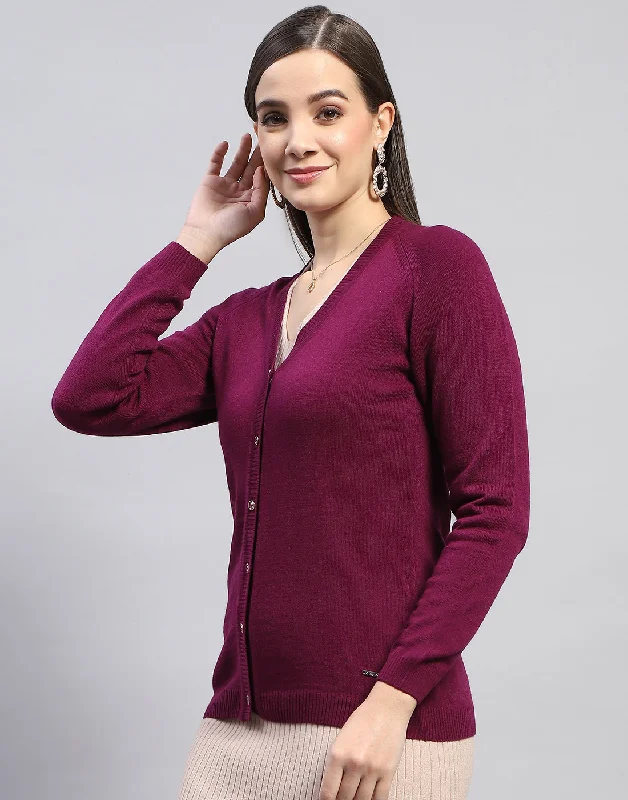 Women Purple Solid V Neck Full Sleeve Cardigan