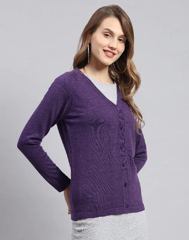 Women Purple Solid V Neck Full Sleeve Cardigans