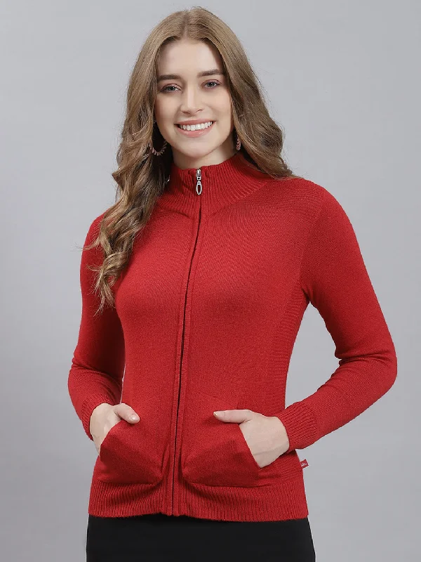 Women Red Solid Cardigan