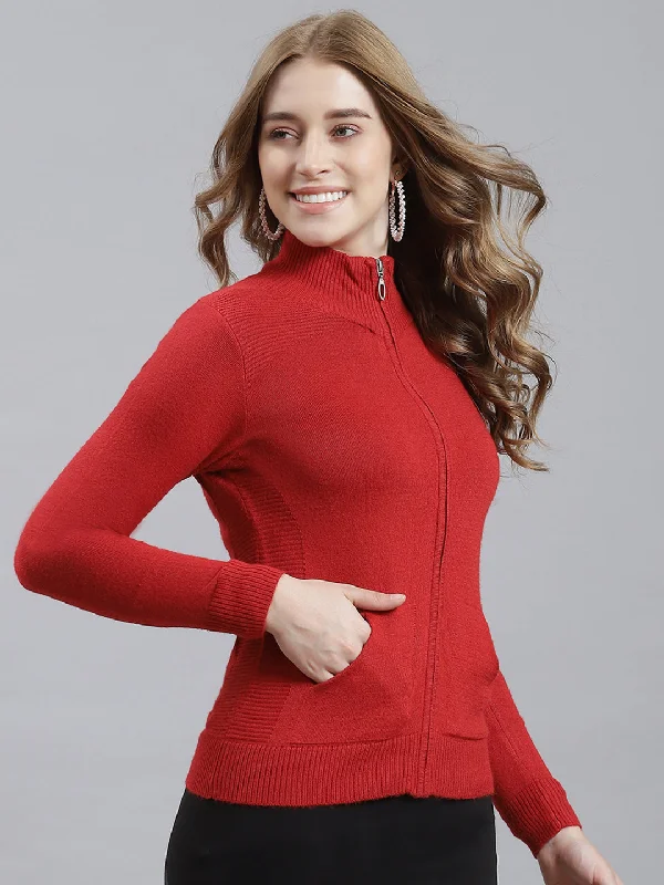 Women Red Solid Cardigan