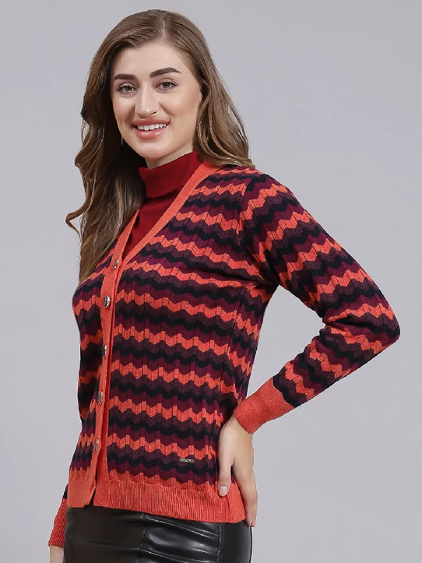 Women Rust Orange Jaquard Wool blend Cardigan