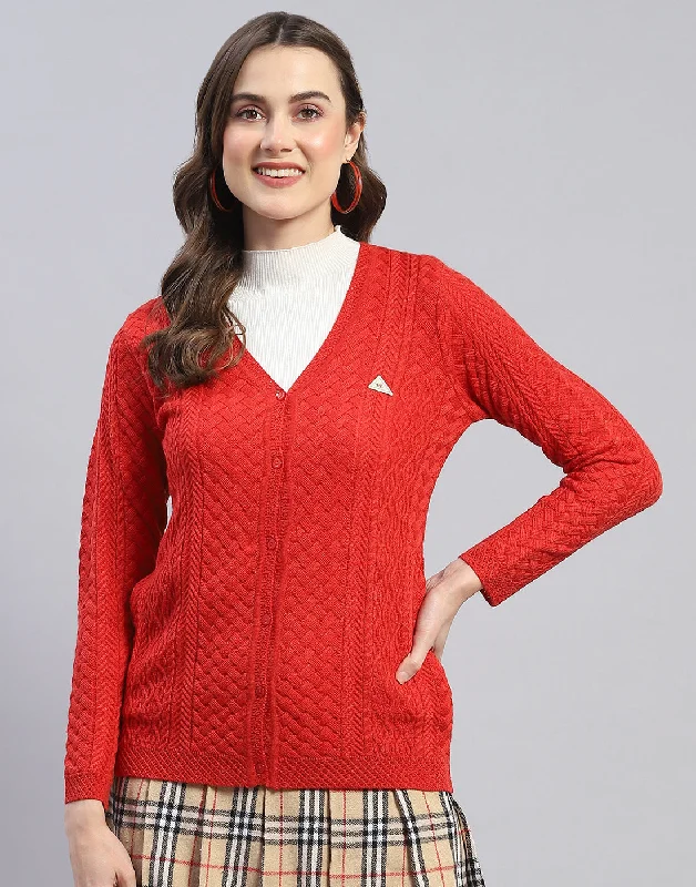 Women Rust Self Design V Neck Full Sleeve Cardigan