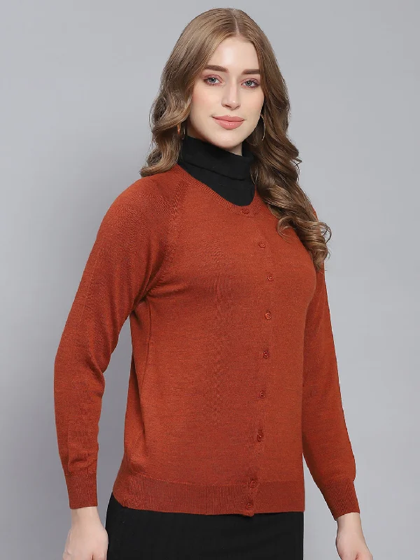 Women Rust Solid Round Neck Full Sleeve Cardigans