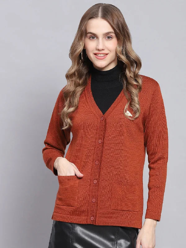 Women Rust Solid V Neck Full Sleeve Cardigans