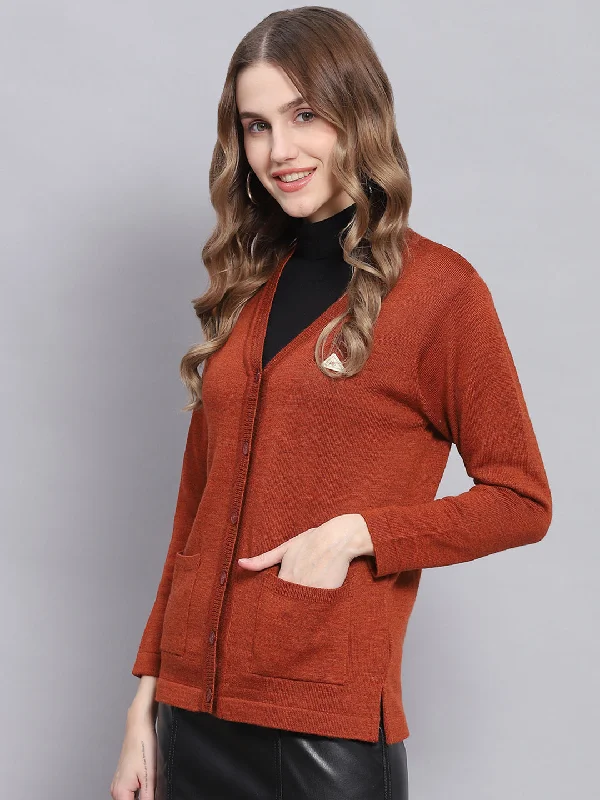 Women Rust Solid V Neck Full Sleeve Cardigans