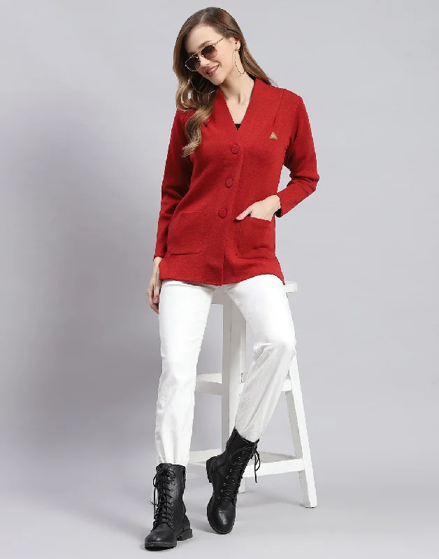 Women Rust Solid V Neck Full Sleeve Cardigans