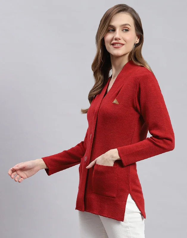 Women Rust Solid V Neck Full Sleeve Cardigans