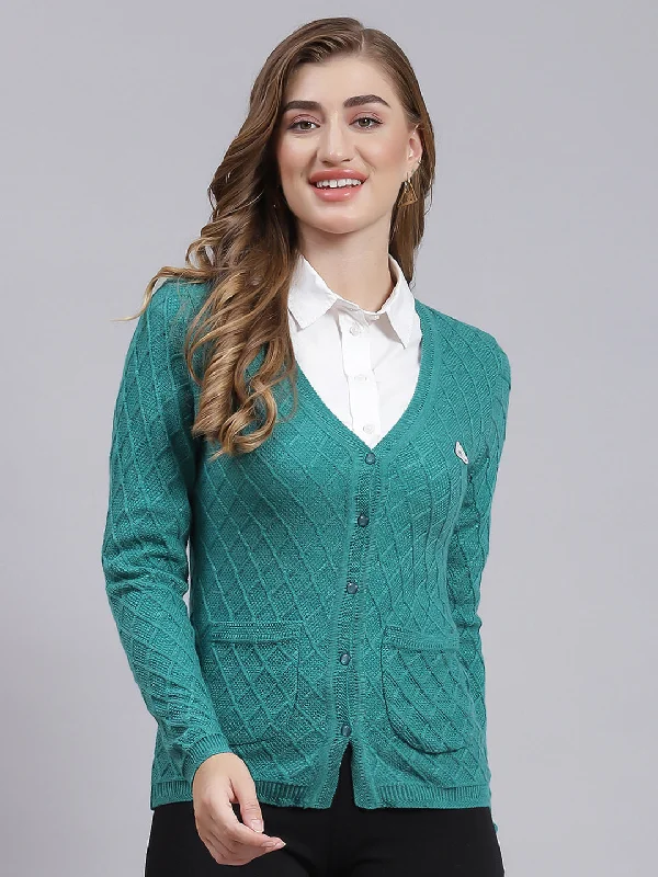 Women Sea Green Self Design Wool blend Cardigan