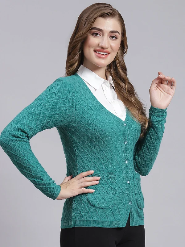 Women Sea Green Self Design Wool blend Cardigan