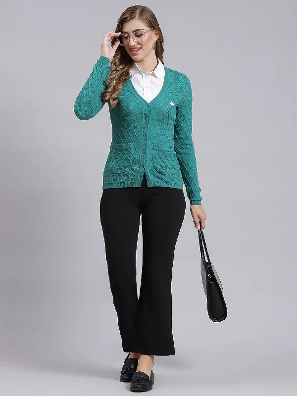 Women Sea Green Self Design Wool blend Cardigan