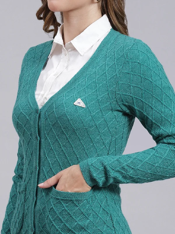 Women Sea Green Self Design Wool blend Cardigan