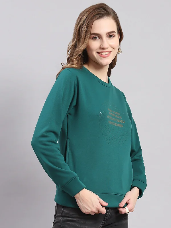 Women Teal Blue Printed Round Neck Full Sleeve Sweatshirts