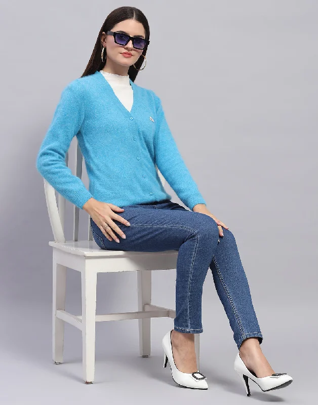 Women Turquoise Blue Solid V Neck Full Sleeve Cardigan