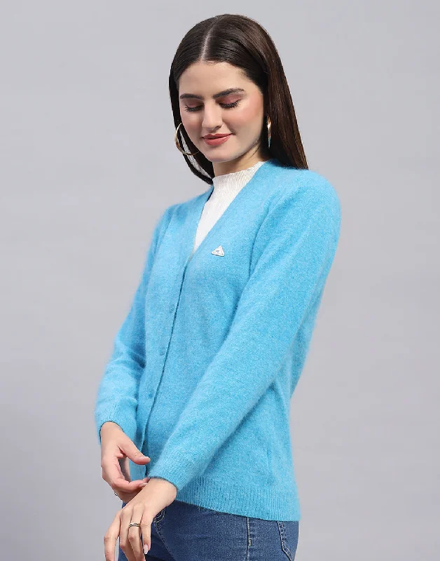 Women Turquoise Blue Solid V Neck Full Sleeve Cardigan