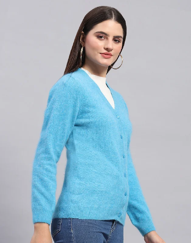 Women Turquoise Blue Solid V Neck Full Sleeve Cardigan