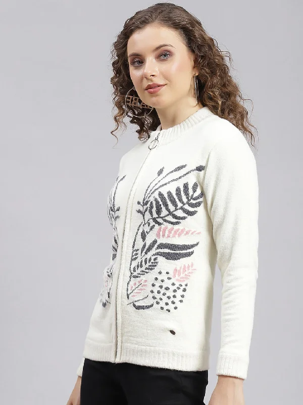 Women White Self Design Wool blend Cardigan