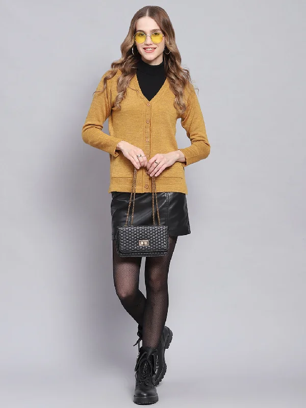 Women Yellow Solid V Neck Full Sleeve Cardigans