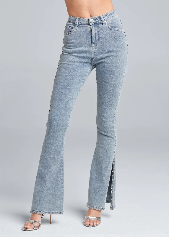 Rhinestone slit bootcut jeans - Light Wash