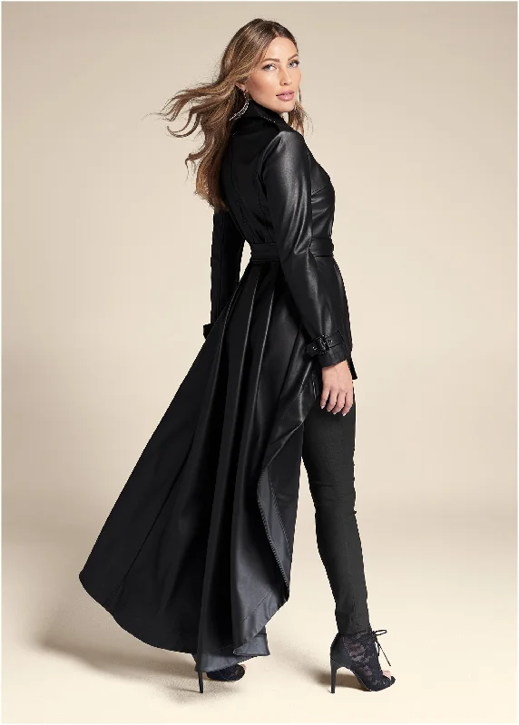 High-low faux-leather coat - Black