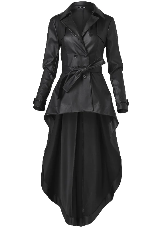 High-low faux-leather coat - Black