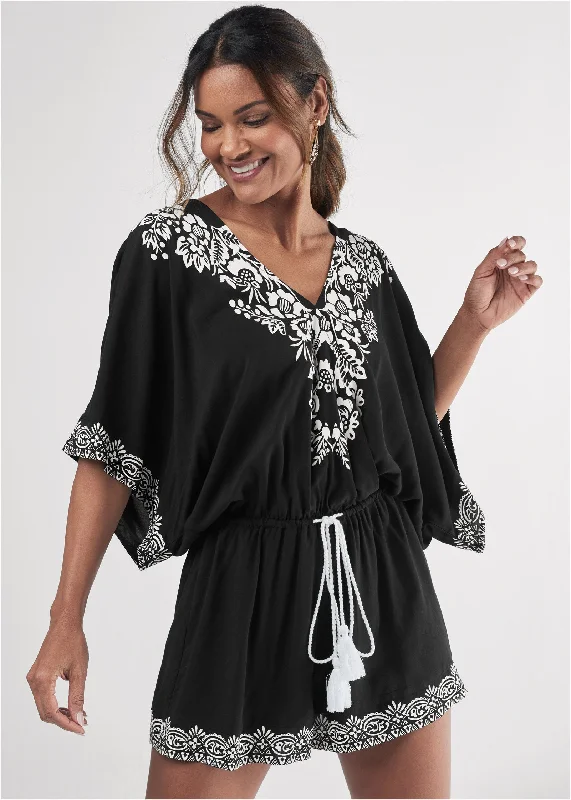 Floral trim romper - Black & White