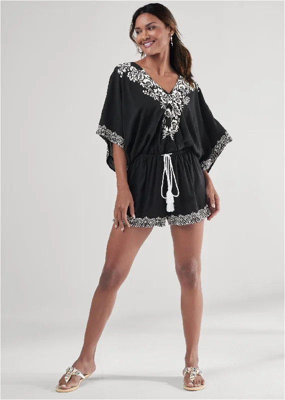 Floral trim romper - Black & White