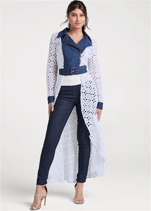 High-low eyelet jacket - Indigo & White