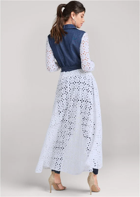 High-low eyelet jacket - Indigo & White