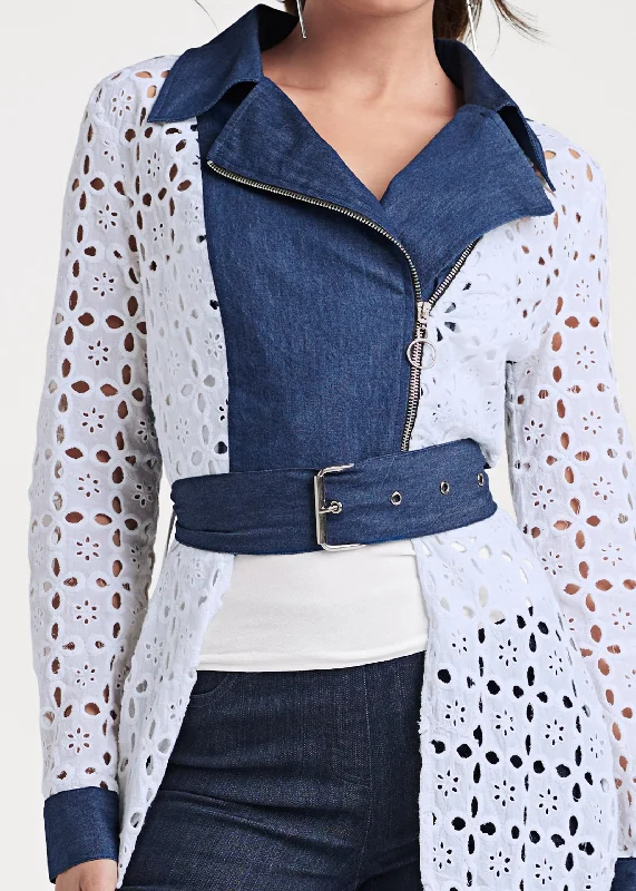 High-low eyelet jacket - Indigo & White