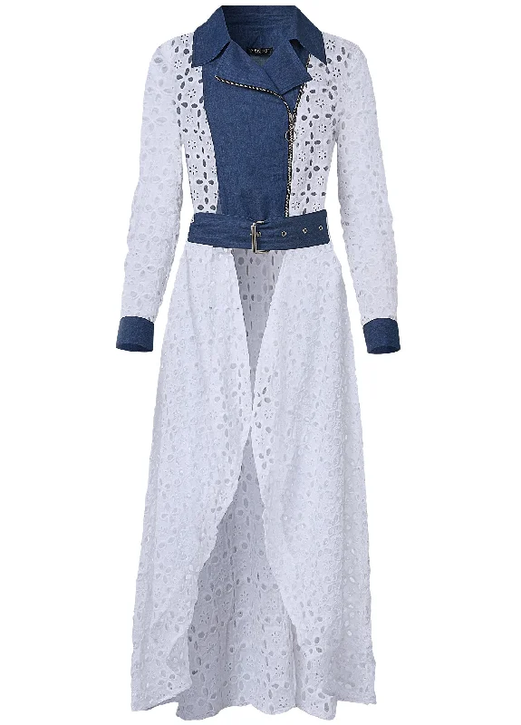 High-low eyelet jacket - Indigo & White