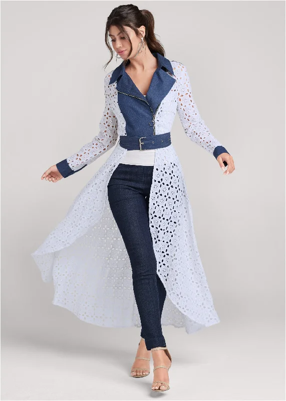 High-low eyelet jacket - Indigo & White