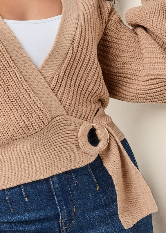 Wrap balloon sleeve sweater - Light Brown