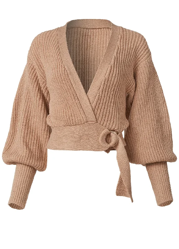 Wrap balloon sleeve sweater - Light Brown