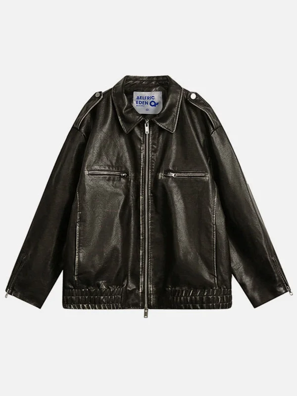 Zip Up Pocket Vintage Faux Leather Jacket