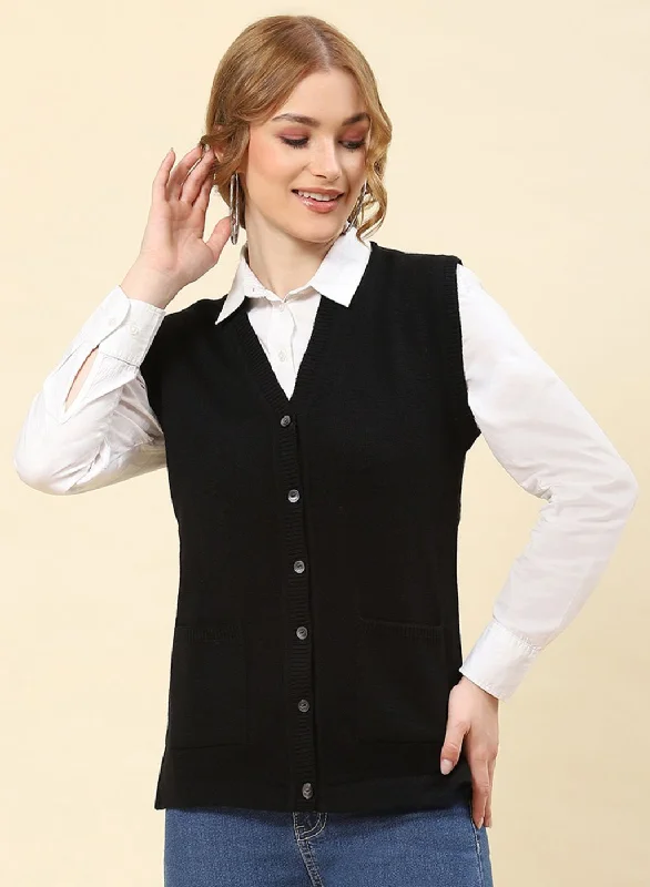 Women Black Solid Blend wool Cardigan