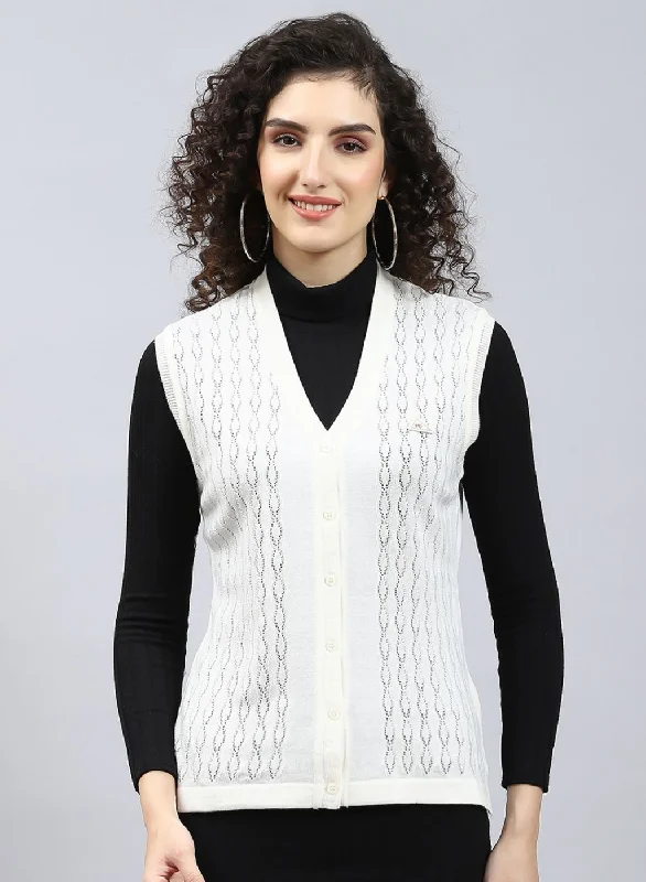 Women Off White Self Design Wool blend Cardigan