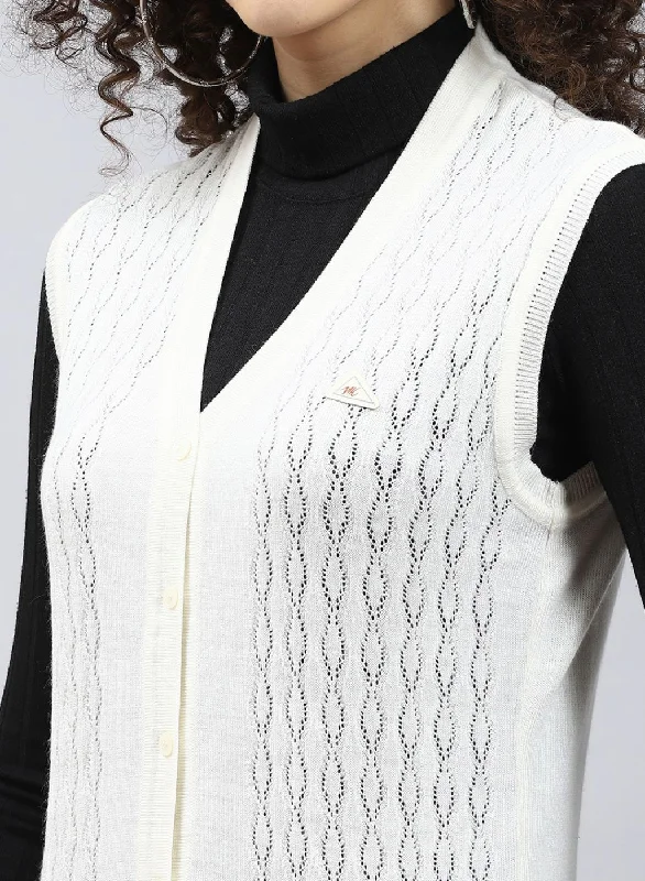 Women Off White Self Design Wool blend Cardigan