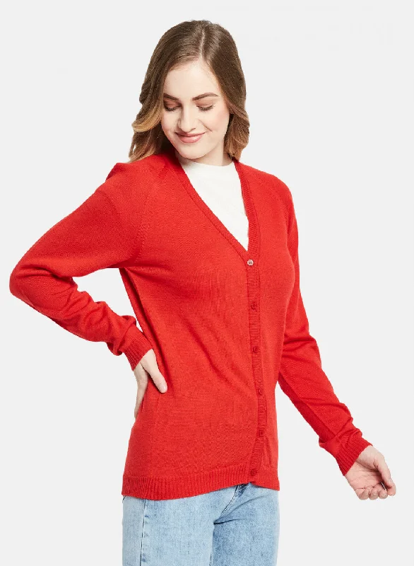 Women Red Solid Cardigan