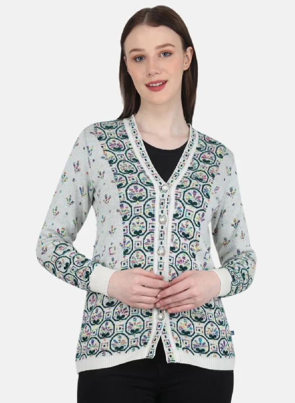 Women White & Green Self Design Cardigan