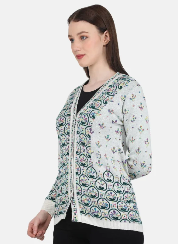 Women White & Green Self Design Cardigan